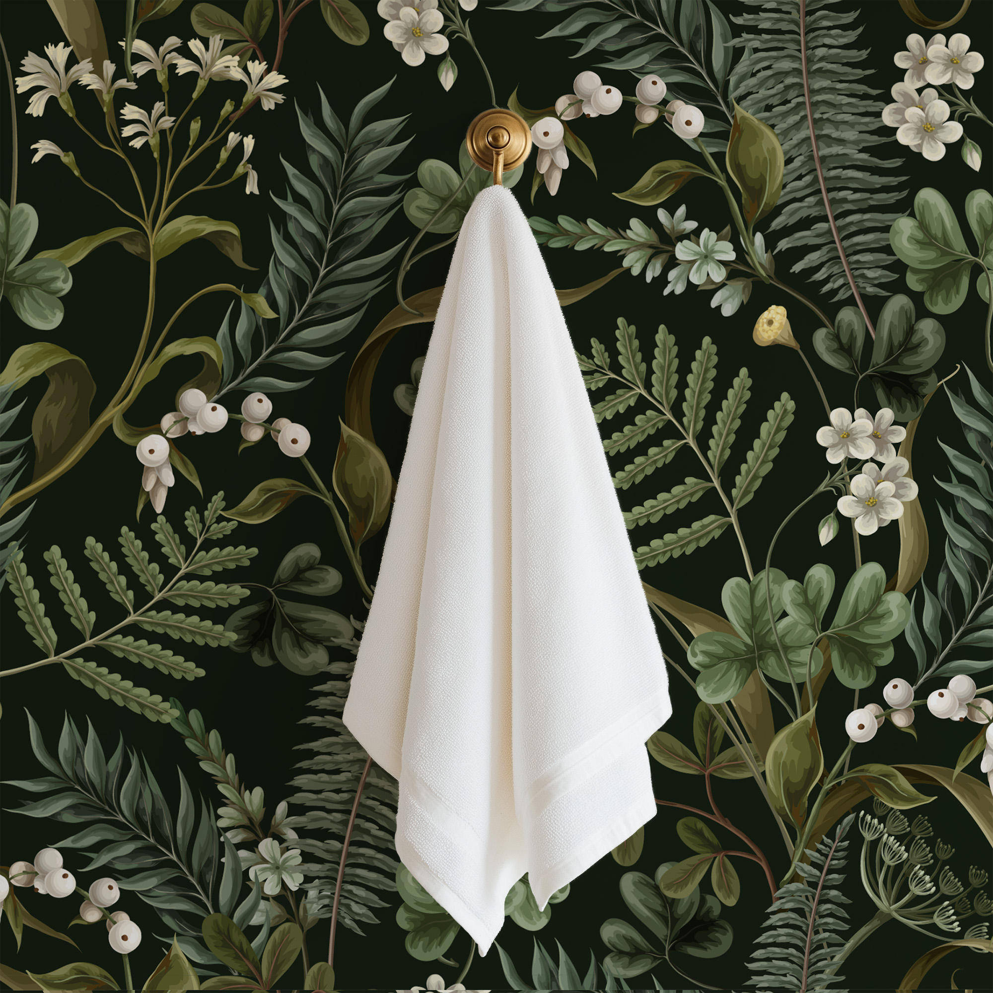 Moody Dark Green Fern and White Berry Peel and Stick Wallpaper, Vintage Botanical Forest Mural, Elegant Dark Academia Wall Decor