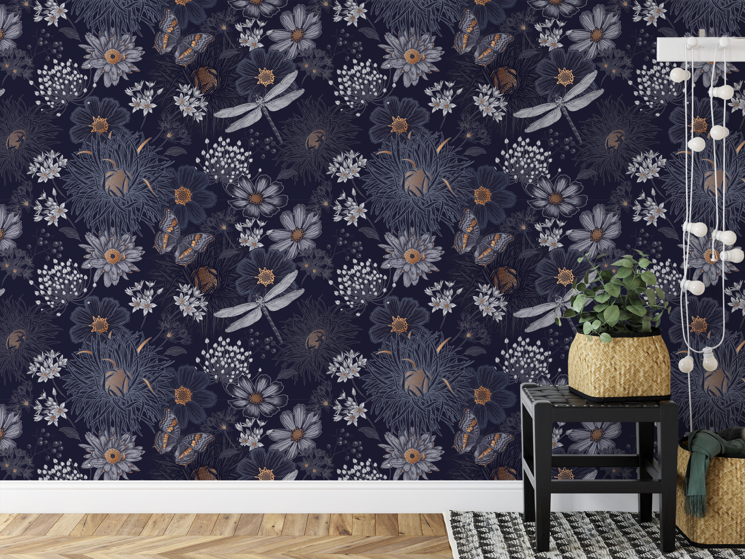 Moody Navy Butterfly and Dragonfly Peel and Stick Wallpaper, Mystical Dark Floral Wall Mural, Vintage Botanical Living Room Decor