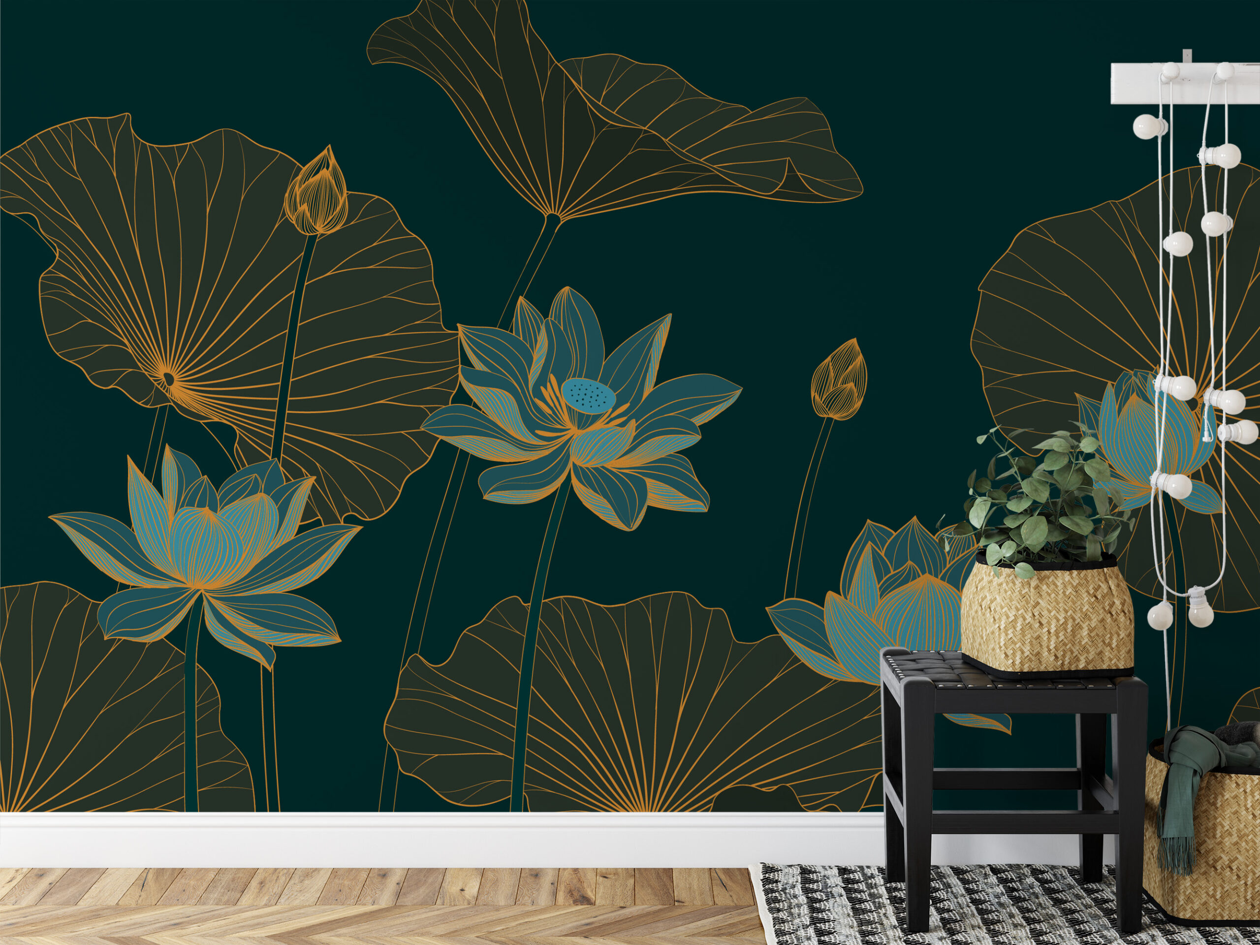 Emerald Green and Gold Lotus Peel and Stick Wallpaper, Luxury Zen Water Lily Wall Mural, Modern Teal Floral Art Decor