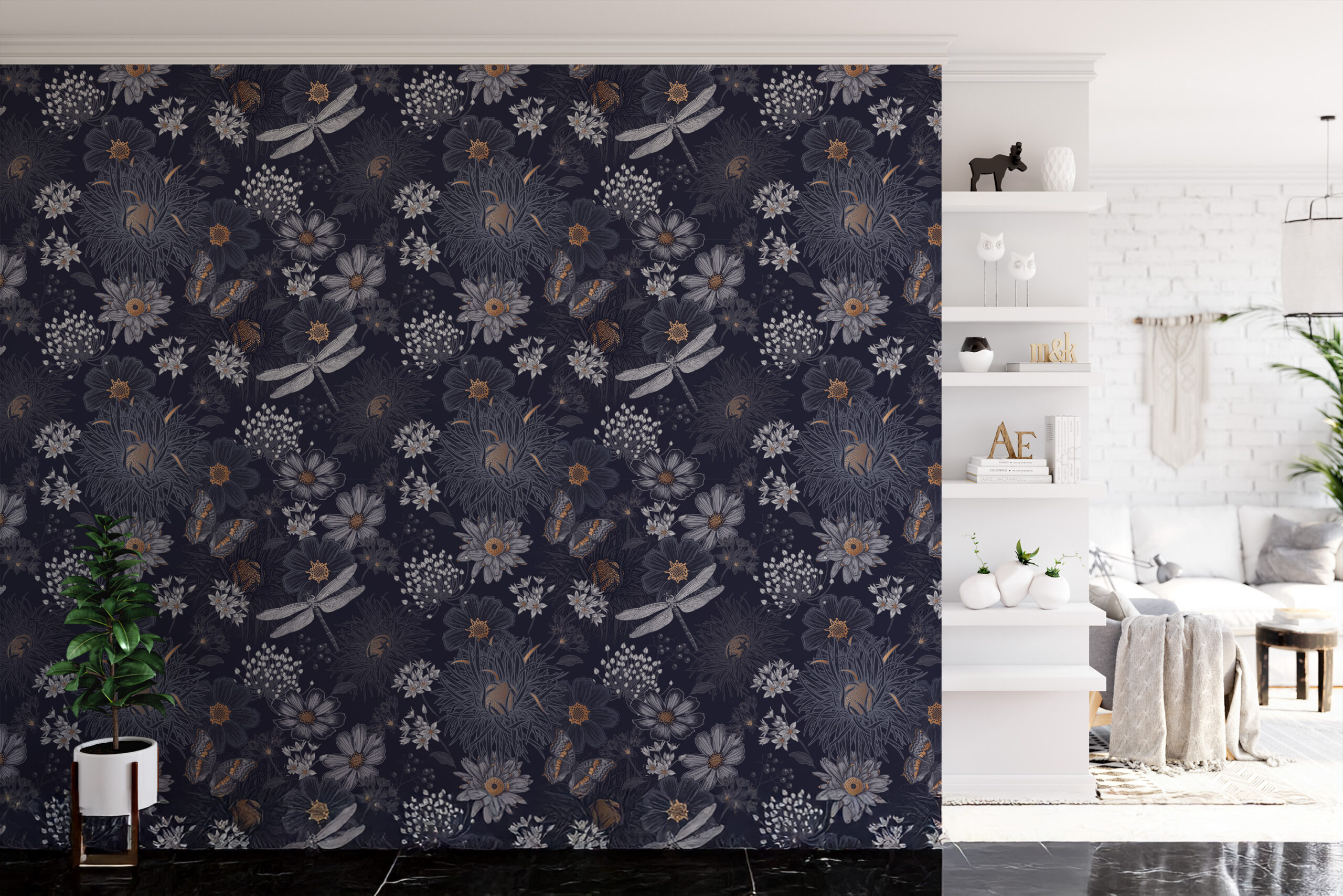 Moody Navy Butterfly and Dragonfly Peel and Stick Wallpaper, Mystical Dark Floral Wall Mural, Vintage Botanical Living Room Decor