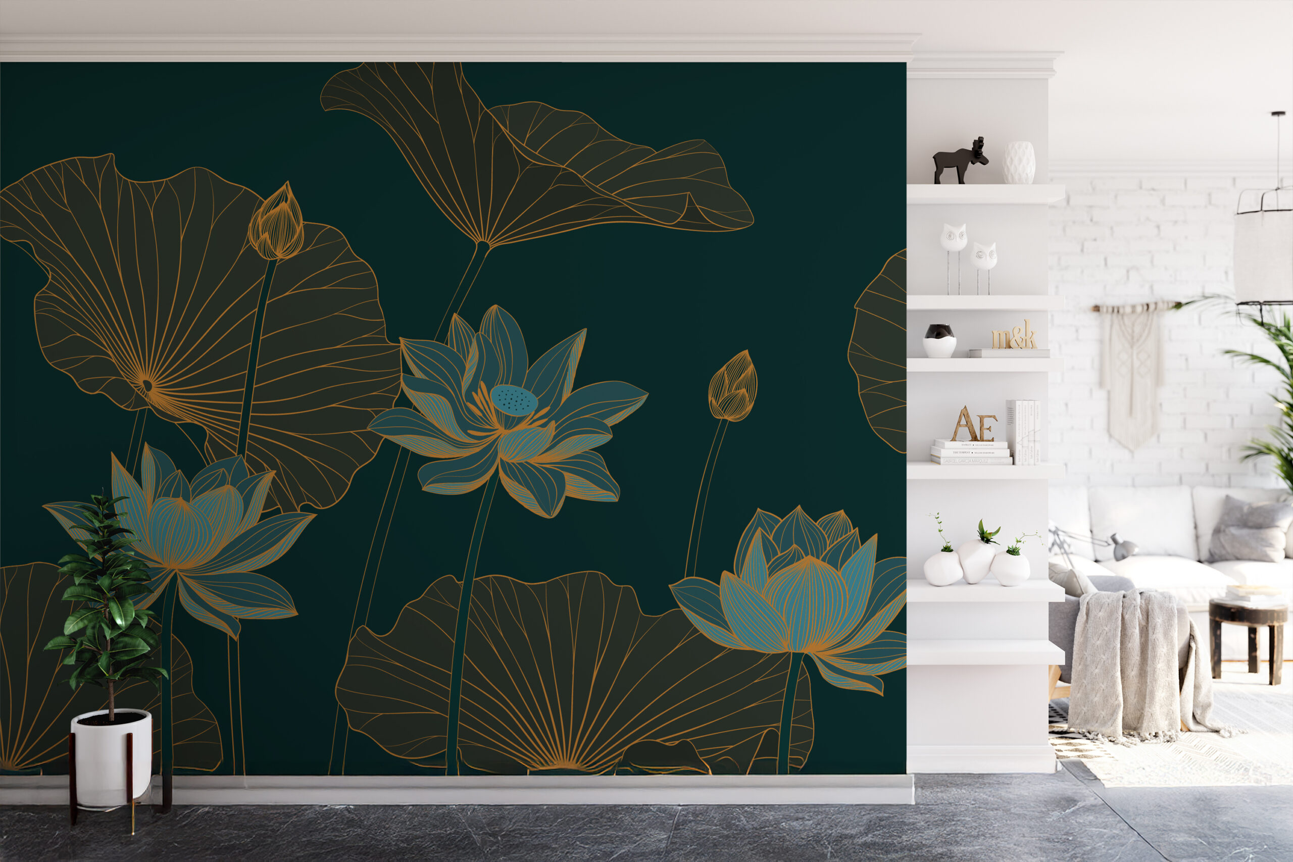 Emerald Green and Gold Lotus Peel and Stick Wallpaper, Luxury Zen Water Lily Wall Mural, Modern Teal Floral Art Decor