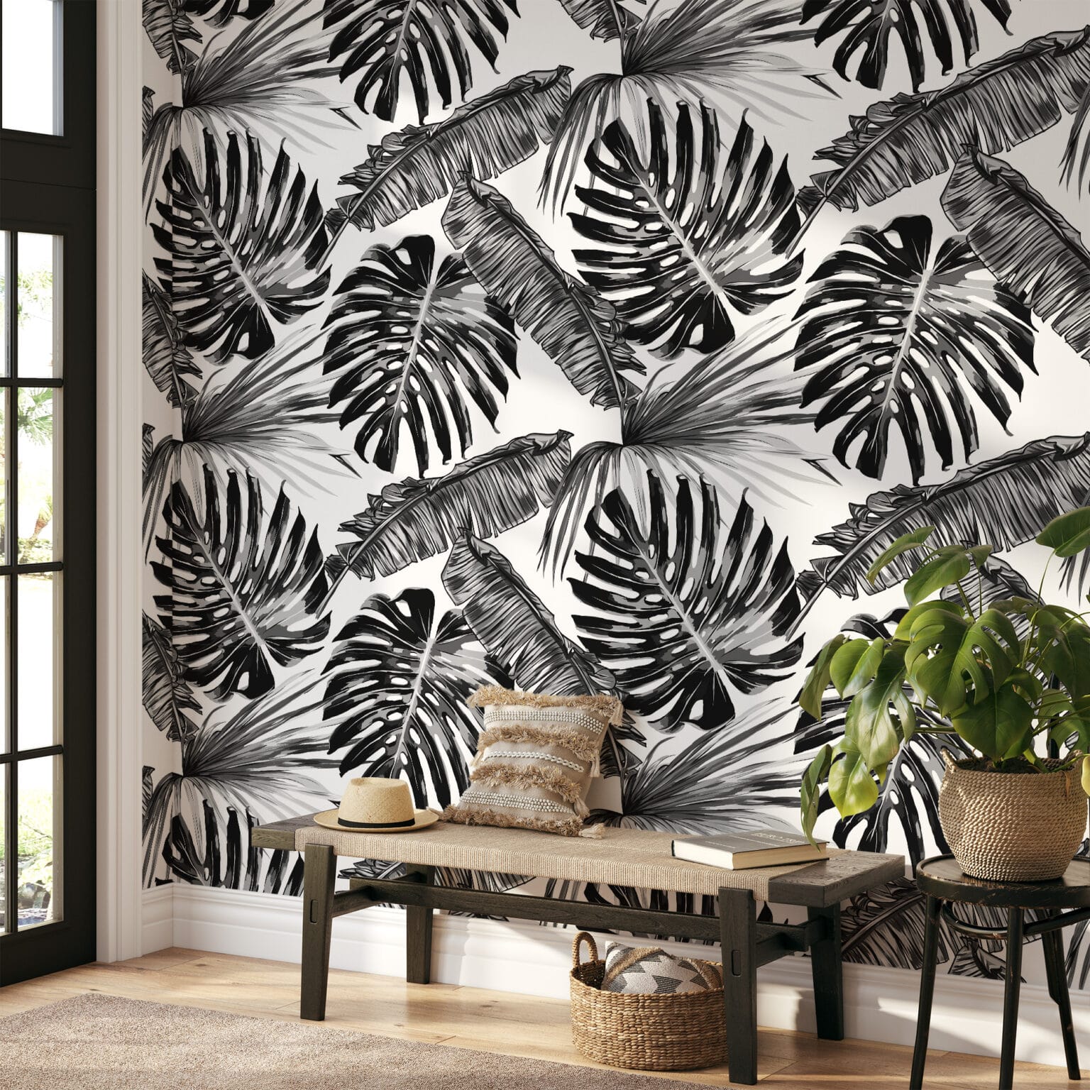 Modern Black and White Monstera and Palm Leaf Peel and Stick Wallpaper ...