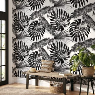 Modern Black and White Monstera and Palm Leaf Peel and Stick Wallpaper, Monochrome Tropical Wall Mural