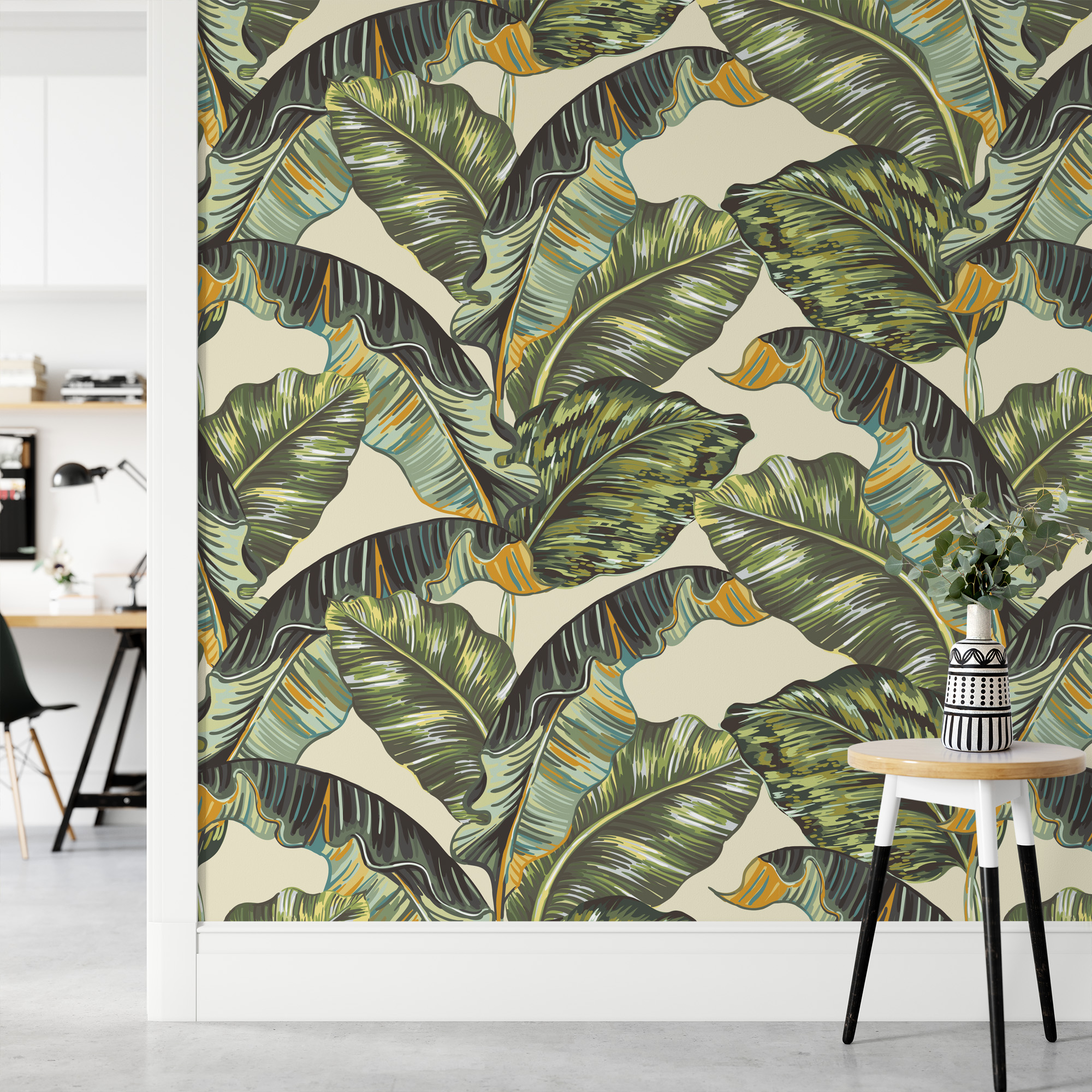 Modern Colorful Banana Leaf Peel and Stick Wallpaper, Bold Tropical Botanical Bathroom Wall Mural