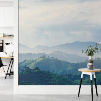 Modern Green Mountain Landscape Nature Peel and Stick Wallpaper, Misty Rolling Hills Wall Mural