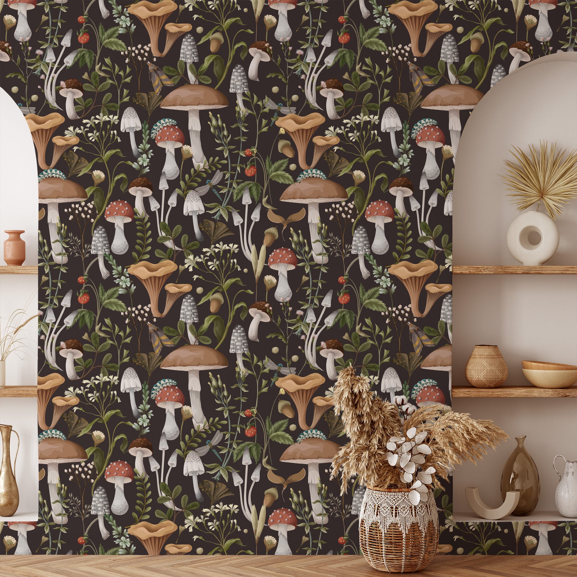 Moody Mushroom and Forest Floor Peel and Stick Wallpaper, Dark Botanical Illustration Wall Mural, Vintage Fungi and Insect Decor