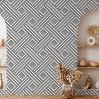 3D Grey Geometric Square Peel and Stick Wallpaper, Modern Interlocking Line Wall Mural, Contemporary Neutral Architectural Decor