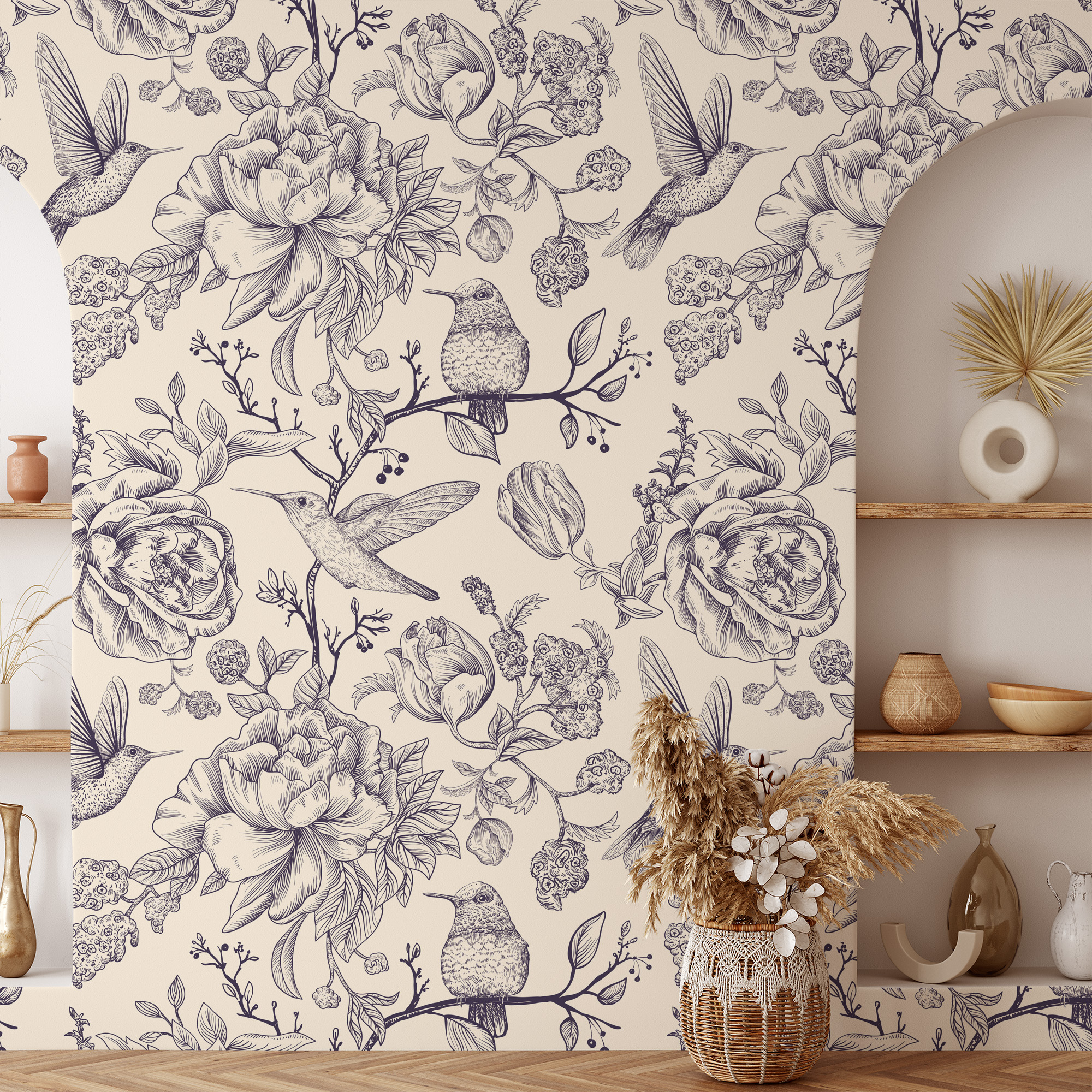 Vintage Hummingbird and Floral Line Art Peel and Stick Wallpaper, Beige Botanical Sketch Wall Mural, Elegant Nature Decor