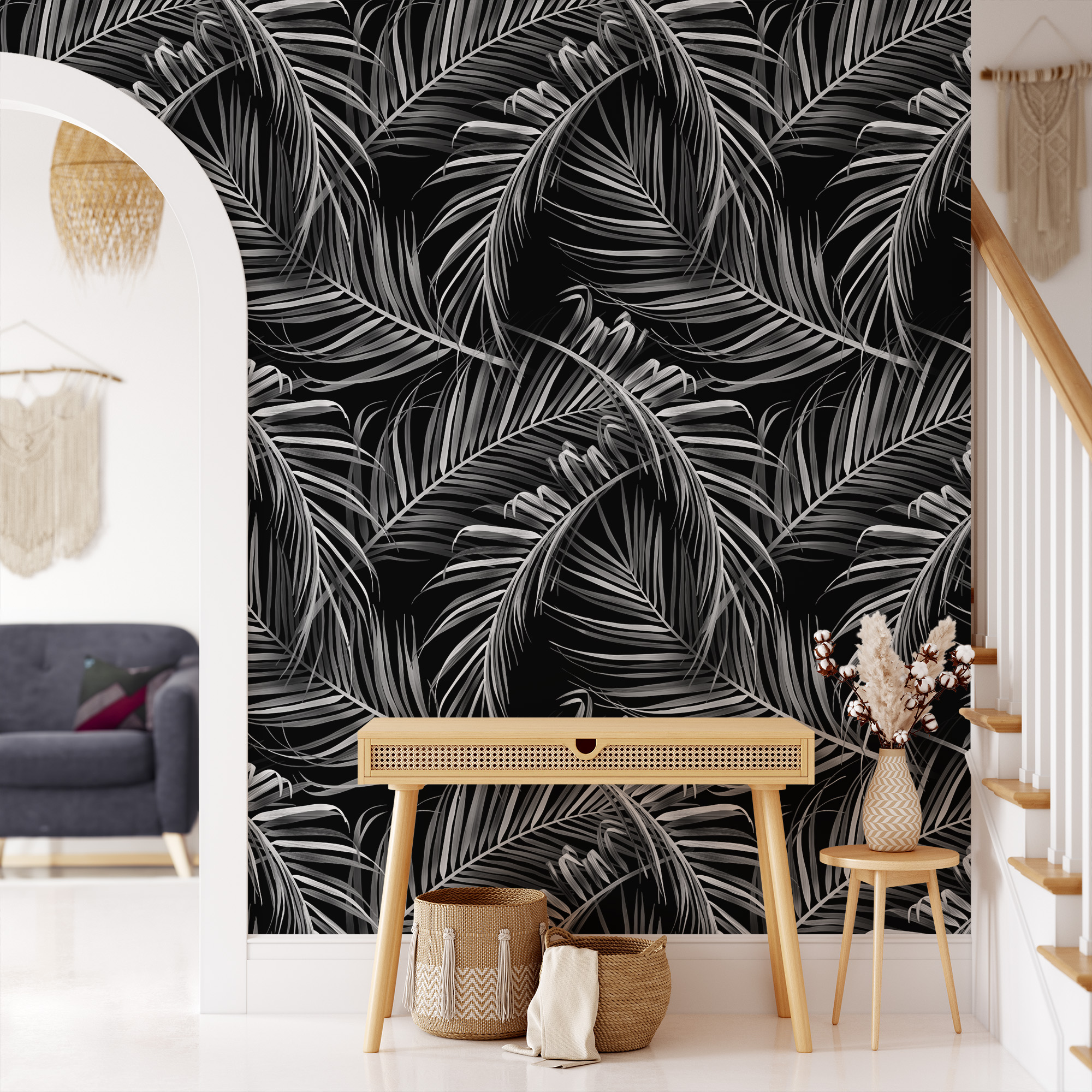 Modern Black and White Palm Leaf Peel and Stick Wallpaper, Large Scale Tropical Botanical Bathroom Wall Mural