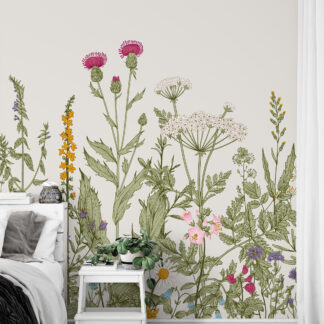 Meadow Wildflower Botanical Line Art Peel and Stick Wallpaper, Beige Large Scale Floral Wall Mural, Garden Inspired Nature Decor