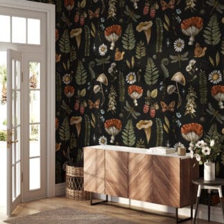 Dark Mushroom and Fern Botanical Peel and Stick Wallpaper, Whimsical Enchanted Forest Wall Mural, Moody Nature Black Wall Decor
