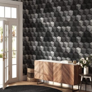 Modern 3D Black and Grey Cube Peel and Stick Wallpaper, Geometric Hexagon Wall Mural, Futuristic Isometric Architectural Decor