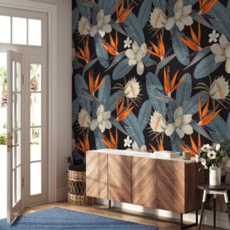 Dark Tropical Bird of Paradise Peel and Stick Wallpaper, Bold Exotic Floral Wall Mural, Modern Black Botanical Decor
