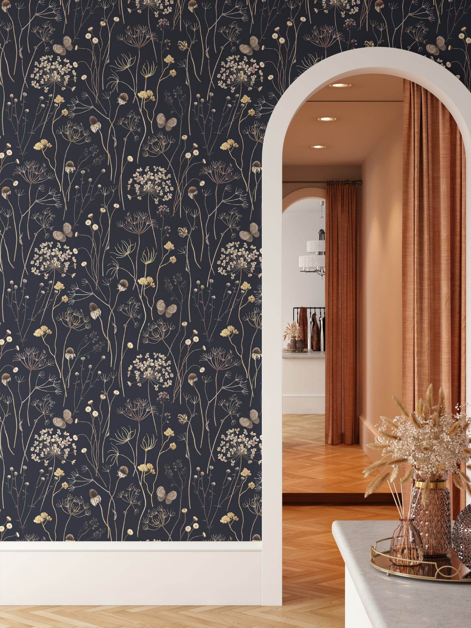 Navy Blue Vintage Botanical Wildflower Sketch Peel and Stick Wallpaper ...