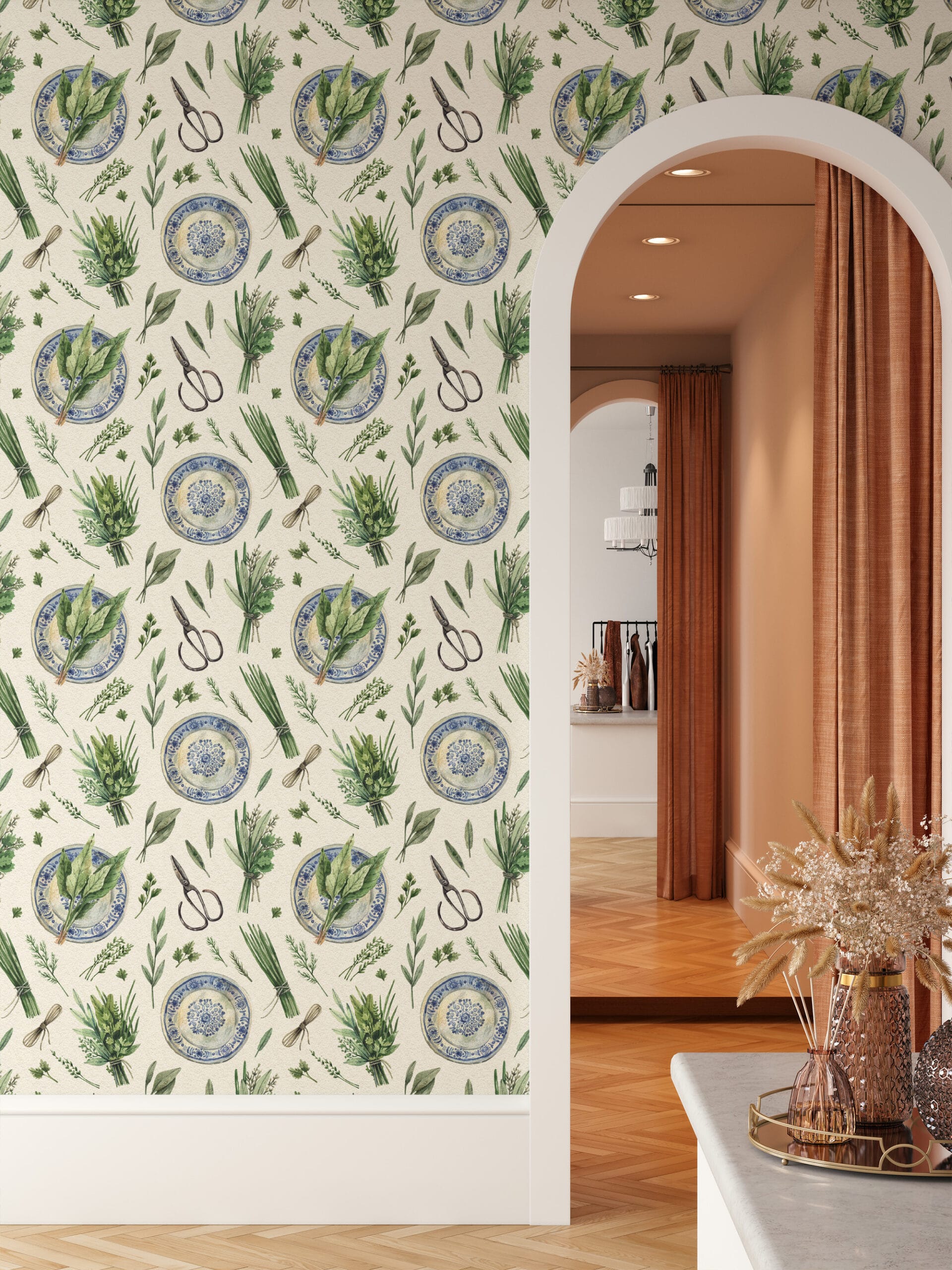 Watercolor Kitchen Herb and Blue Plate Peel and Stick Wallpaper, Vintage Botanical Culinary Wall Mural, Rustic Farmhouse Decor