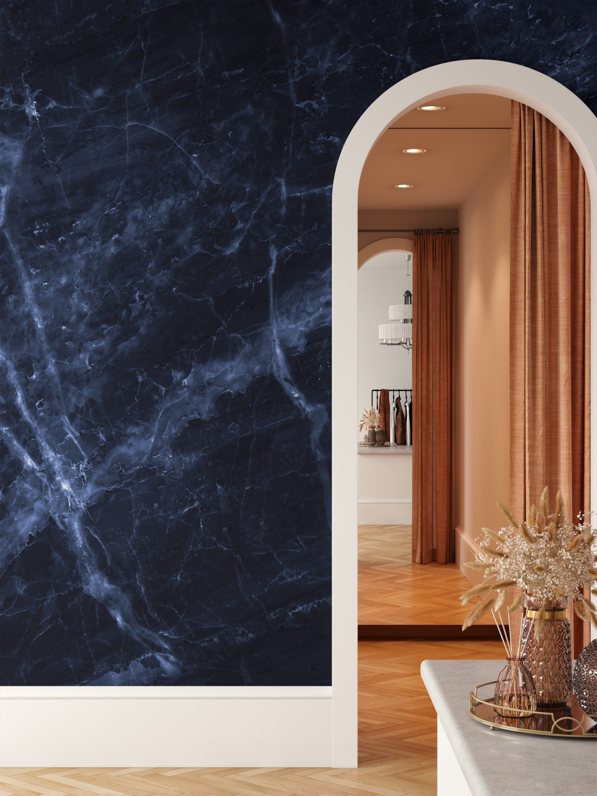 Deep Midnight Navy Marble Peel and Stick Wallpaper, Luxury Dark Blue Stone Wall Mural, Sophisticated Living Room Decor