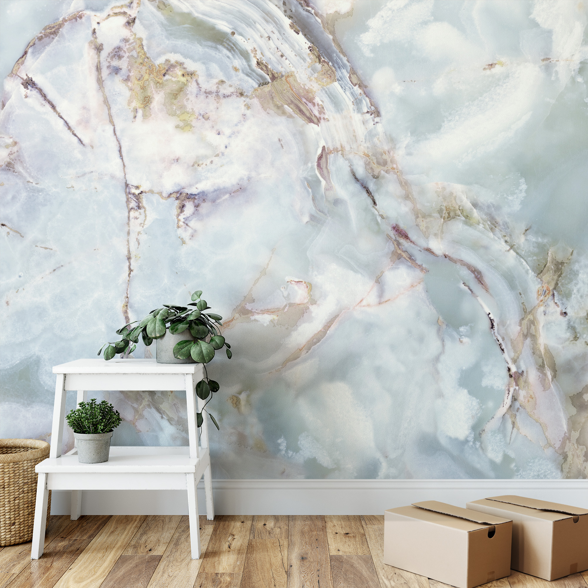 Crystalline Seafoam and Light Blue Onyx Peel and Stick Wallpaper, Luxury Natural Stone Wall Mural, Ethereal Interior Decor