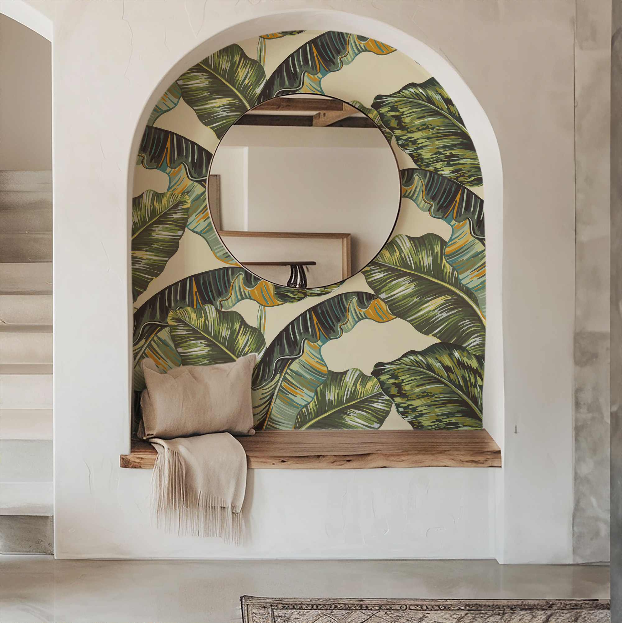 Modern Colorful Banana Leaf Peel and Stick Wallpaper, Bold Tropical Botanical Bathroom Wall Mural