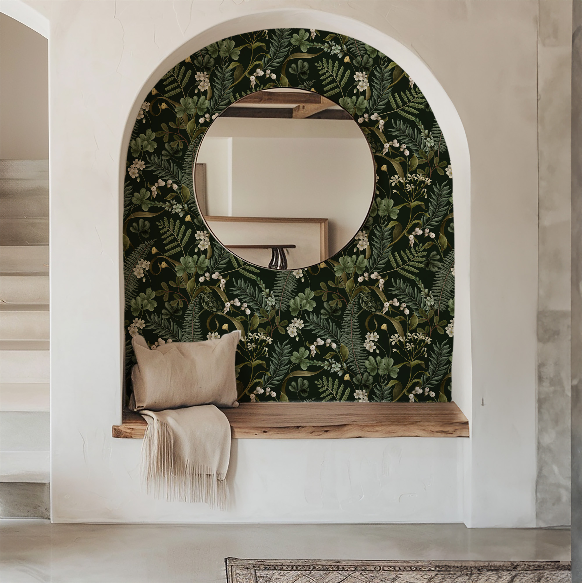 Moody Dark Green Fern and White Berry Peel and Stick Wallpaper, Vintage Botanical Forest Mural, Elegant Dark Academia Wall Decor