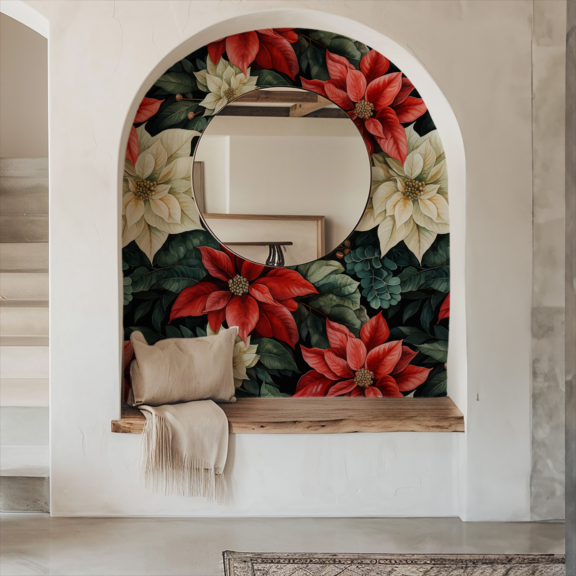 Moody Red and White Poinsettia Peel and Stick Wallpaper, Dark Winter Botanical Wall Mural, Bold Floral Entryway Decor