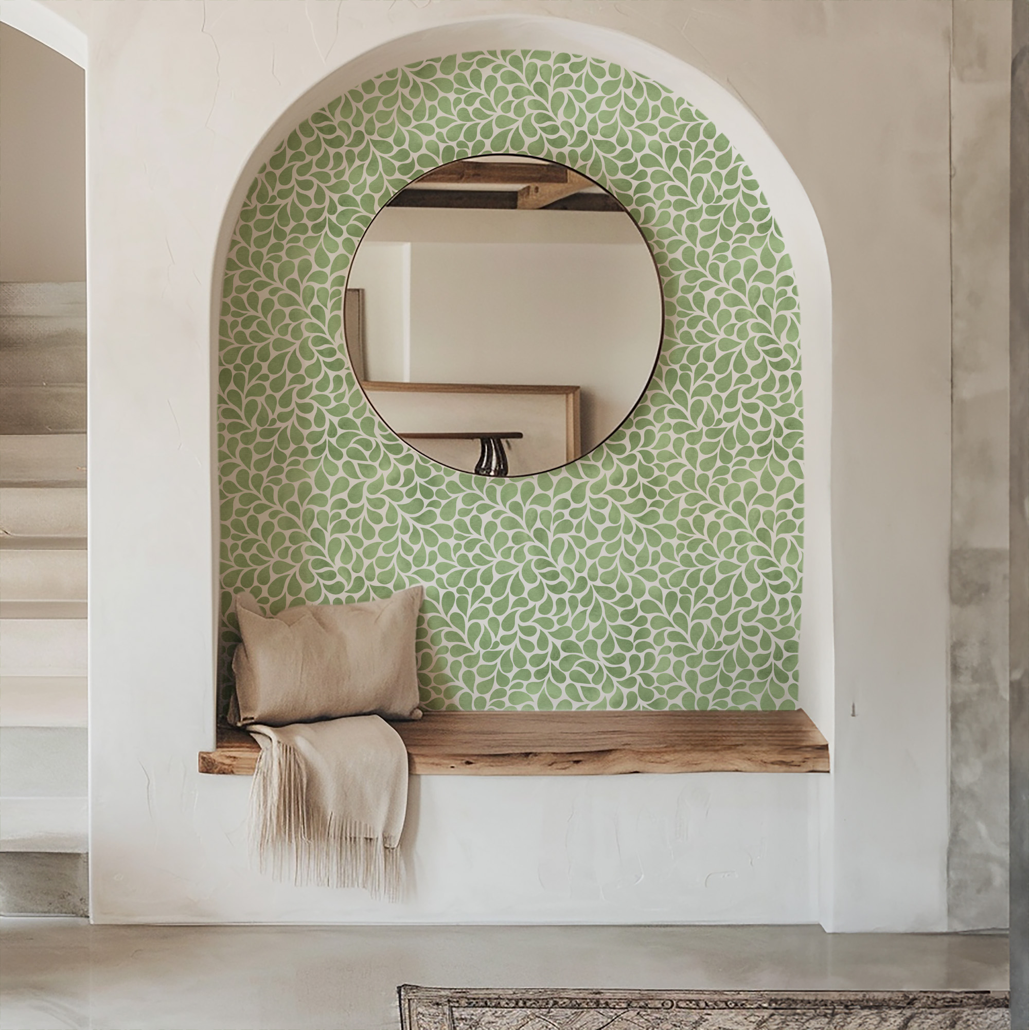 Sage Green Watercolor Leaf Drops Peel and Stick Wallpaper, Modern Botanical Bathroom Wall Mural