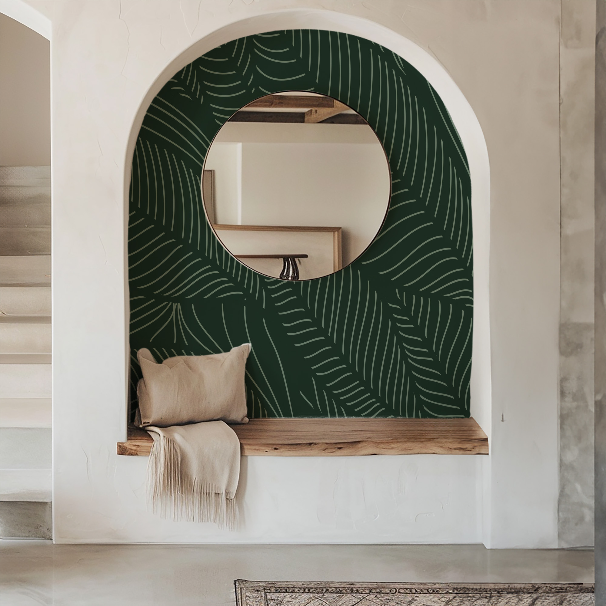 Luxury Deep Forest Green Tropical Leaf Line Art Peel and Stick Wallpaper, Modern Botanical Bathroom Wall Mural