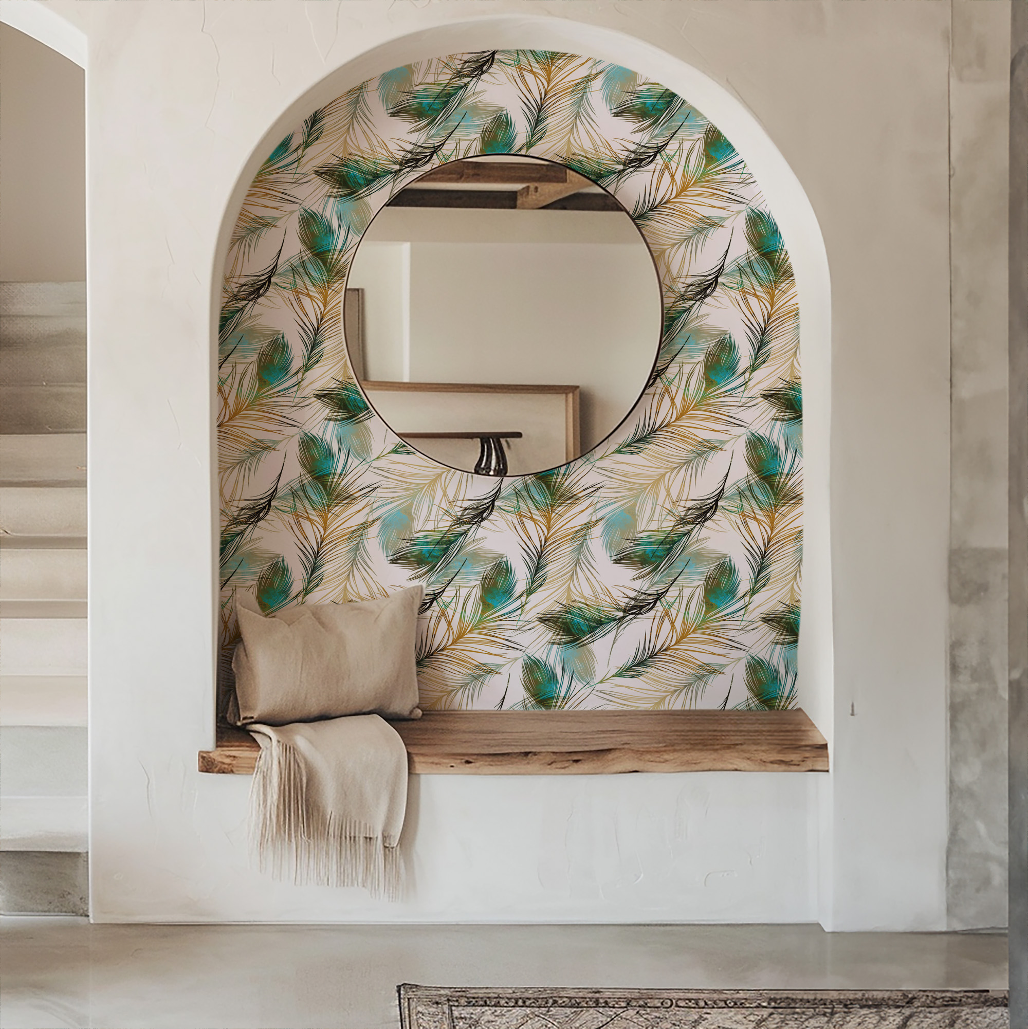 Modern Peacock Feather Peel and Stick Wallpaper, Elegant Teal and Gold Botanical Wall Mural