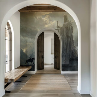 Modern Epic Fantasy Knight and Mountain Peel and Stick Wallpaper, Dramatic Adventure Bedroom Wall Mural