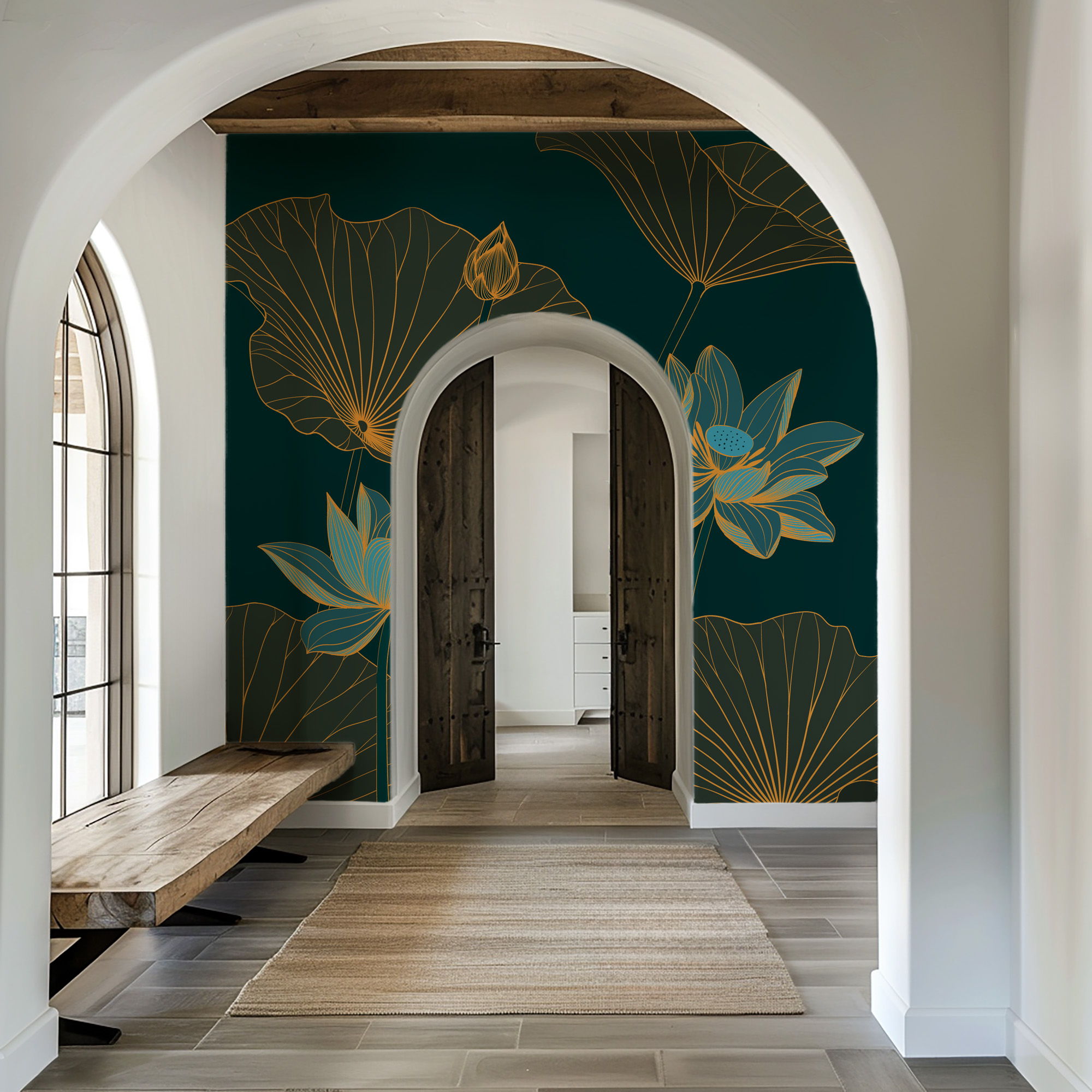 Emerald Green and Gold Lotus Peel and Stick Wallpaper, Luxury Zen Water Lily Wall Mural, Modern Teal Floral Art Decor