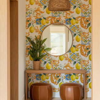 Mediterranean Lemon and Gold Baroque Scroll Peel and Stick Wallpaper, Italian Majolica Tile Wall Mural, Sunny Citrus Kitchen Decor