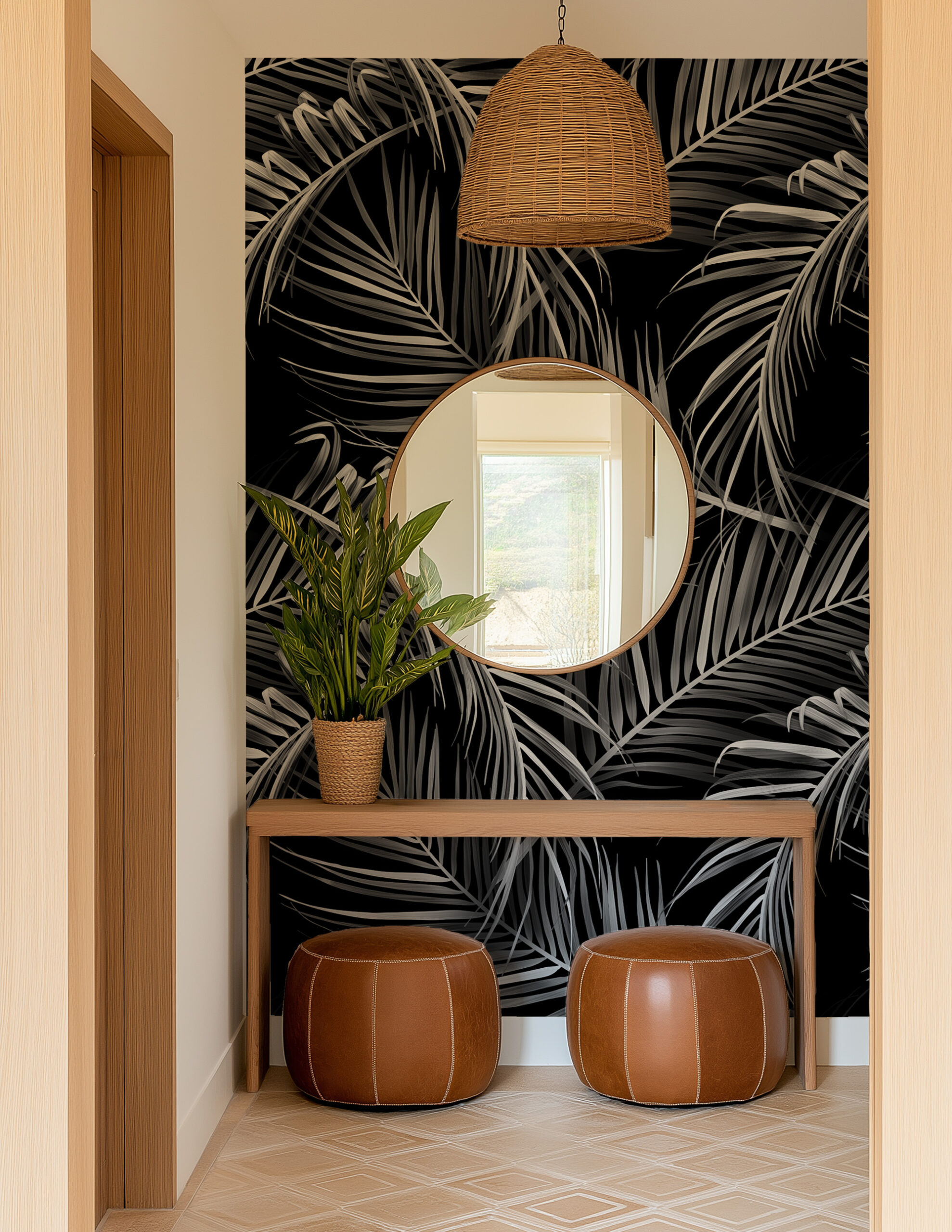 Modern Black and White Palm Leaf Peel and Stick Wallpaper, Large Scale Tropical Botanical Bathroom Wall Mural