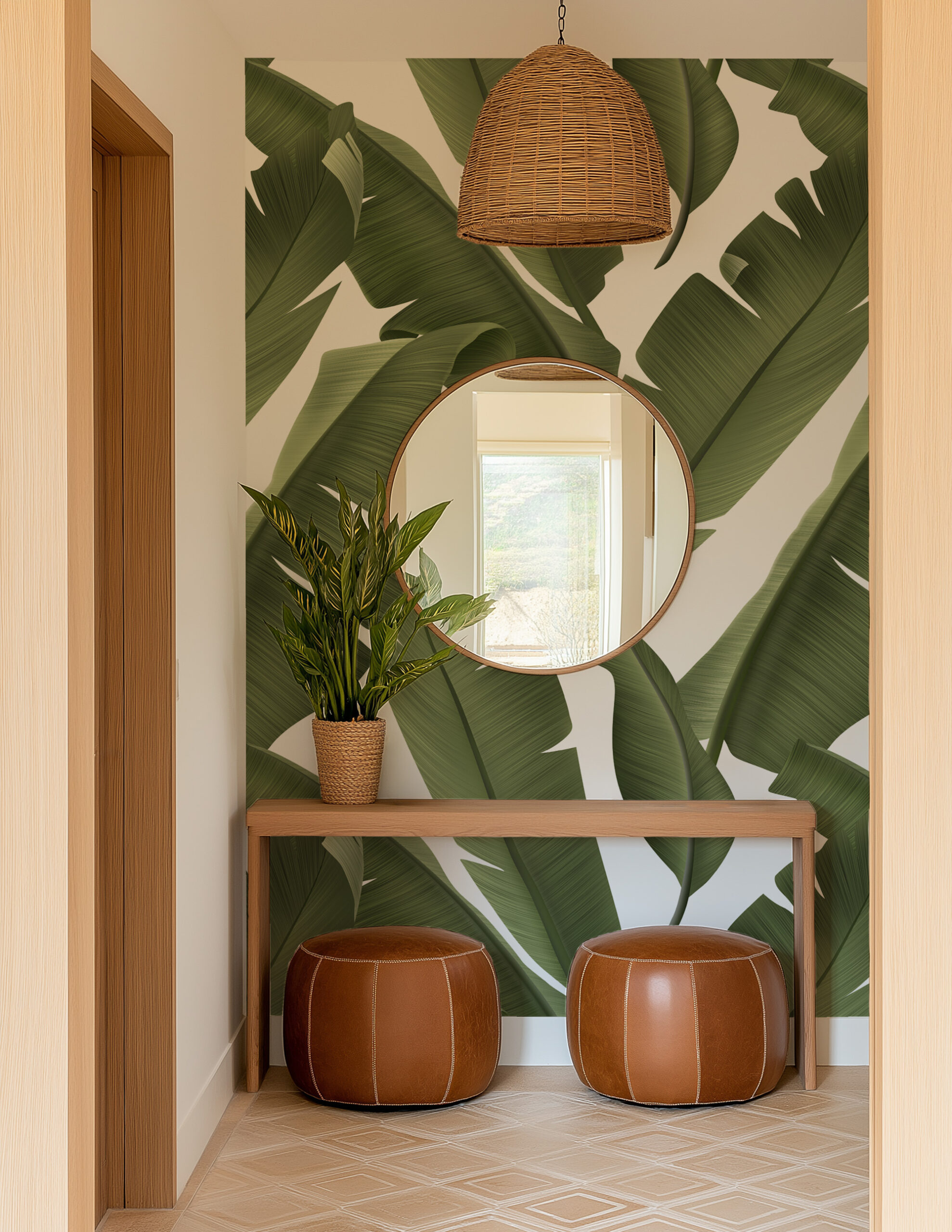 Modern Green Banana Leaf Peel and Stick Wallpaper, Large Scale Tropical Botanical Living Room Wall Mural