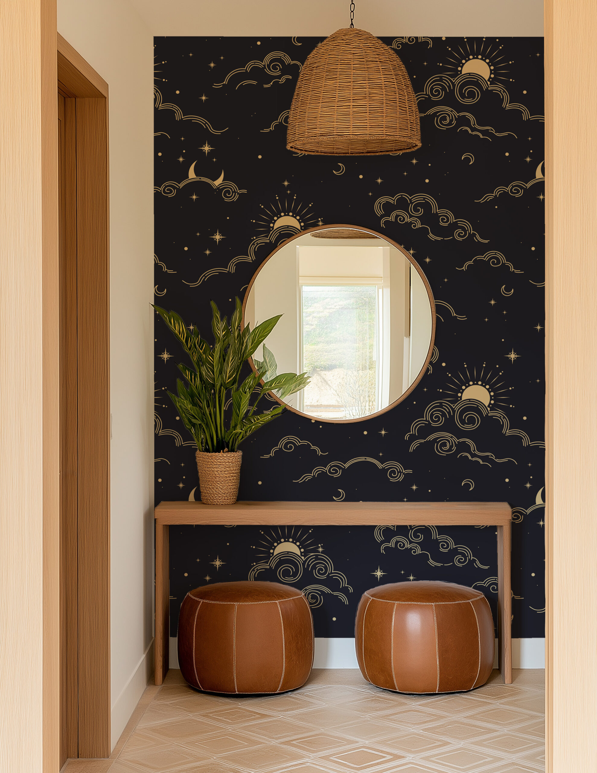 Modern Celestial Gold Cloud and Moon Peel and Stick Wallpaper, Navy Blue Night Sky Wall Mural