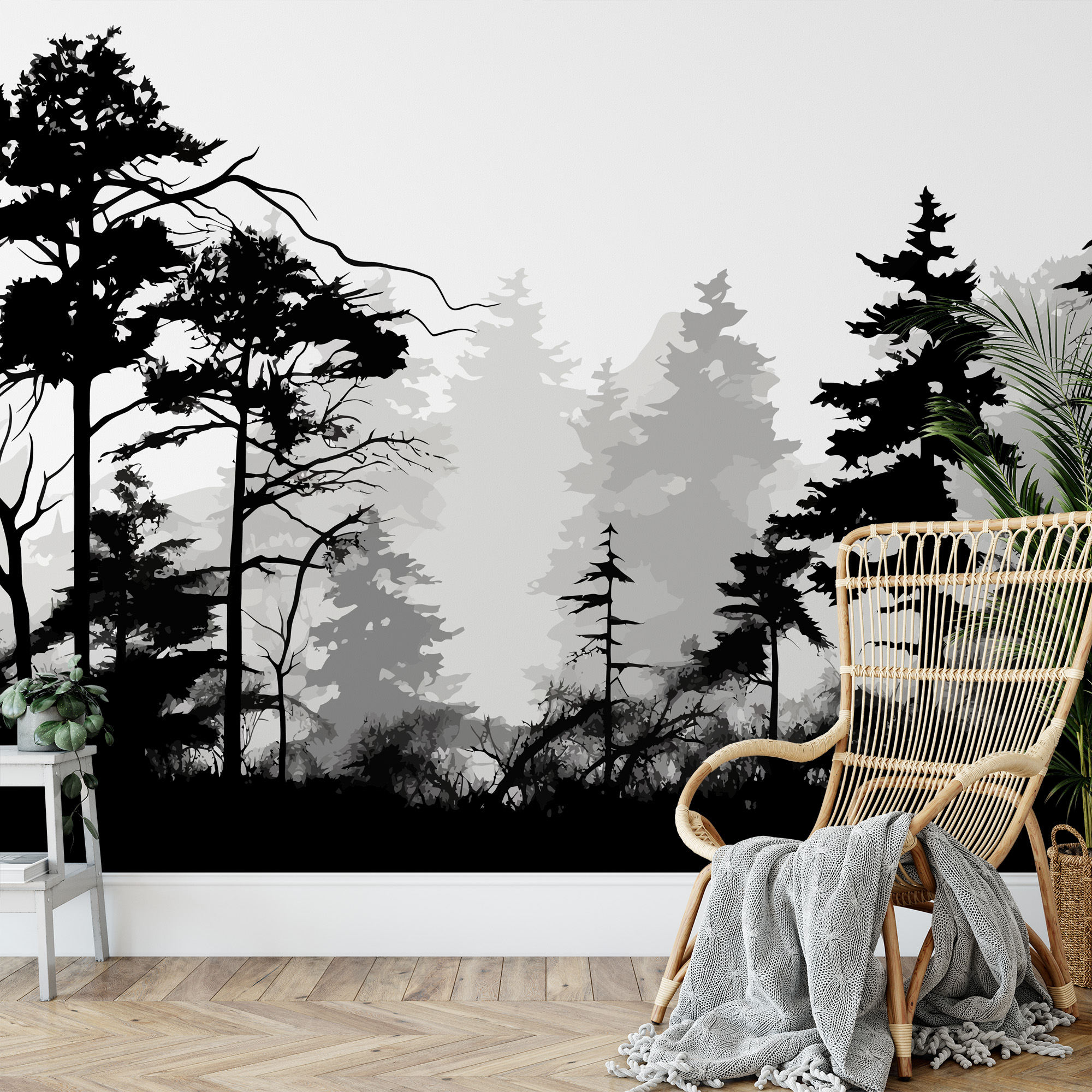 Modern Black and White Misty Forest Silhouette Peel and Stick Wallpaper, Dramatic Pine Tree Nature Wall Mural