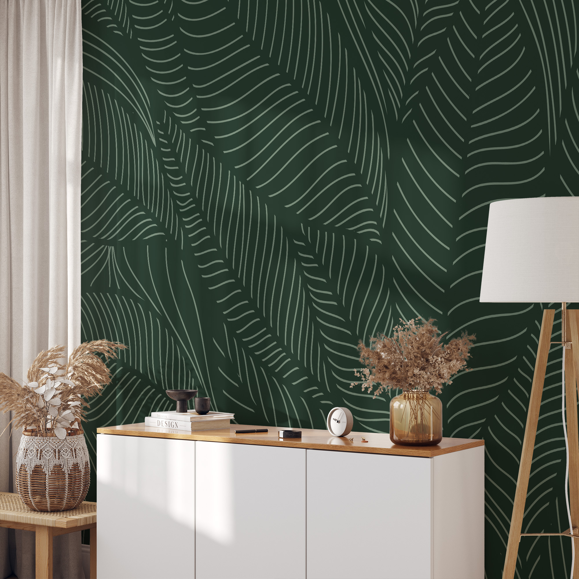 Luxury Deep Forest Green Tropical Leaf Line Art Peel and Stick Wallpaper, Modern Botanical Bathroom Wall Mural