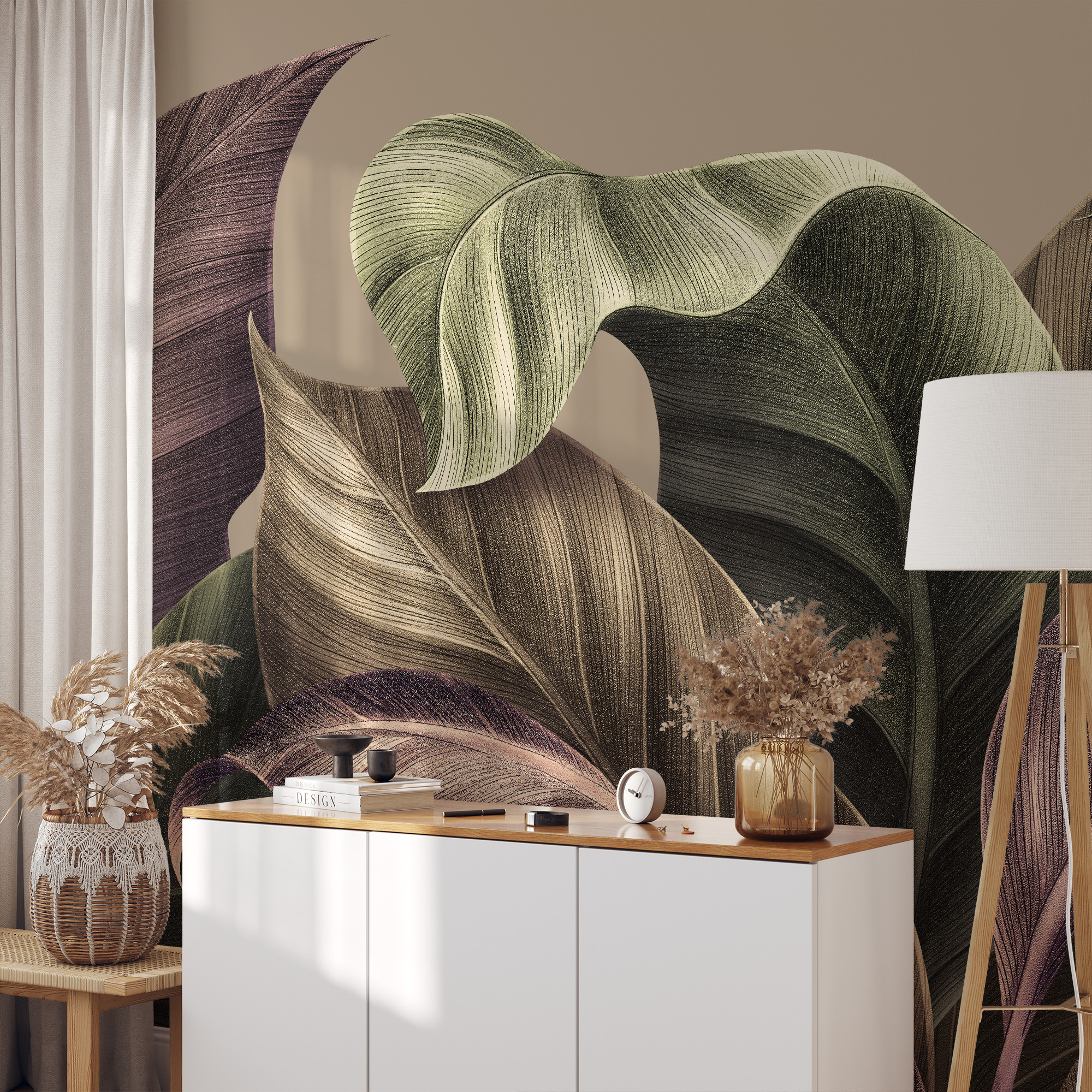 Luxury Large Scale Earthy Tropical Leaves Peel and Stick Wallpaper, Modern Muted Botanical Wall Mural