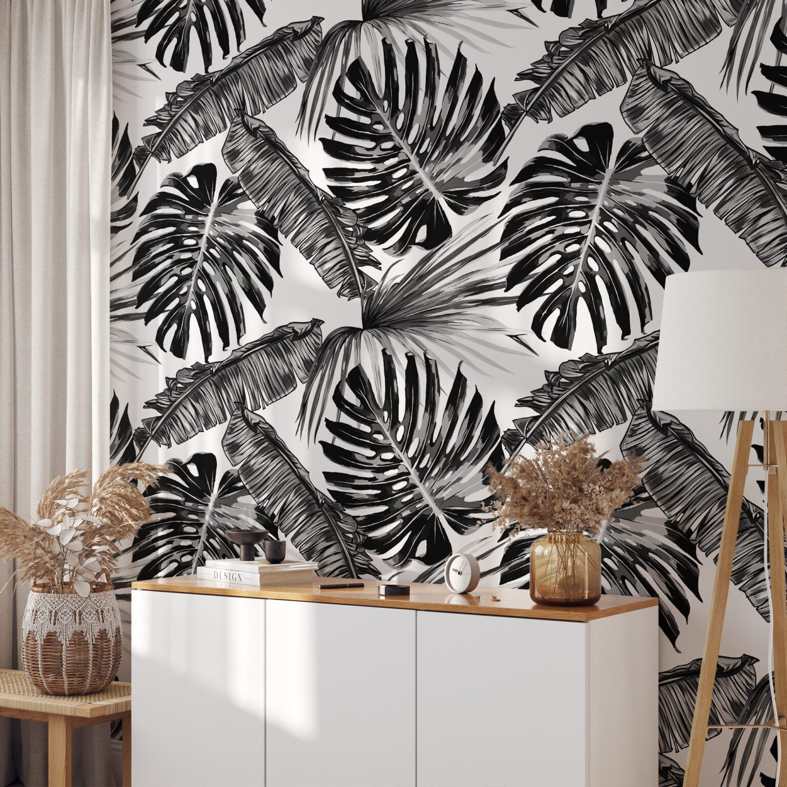 Modern Black and White Monstera and Palm Leaf Peel and Stick Wallpaper ...