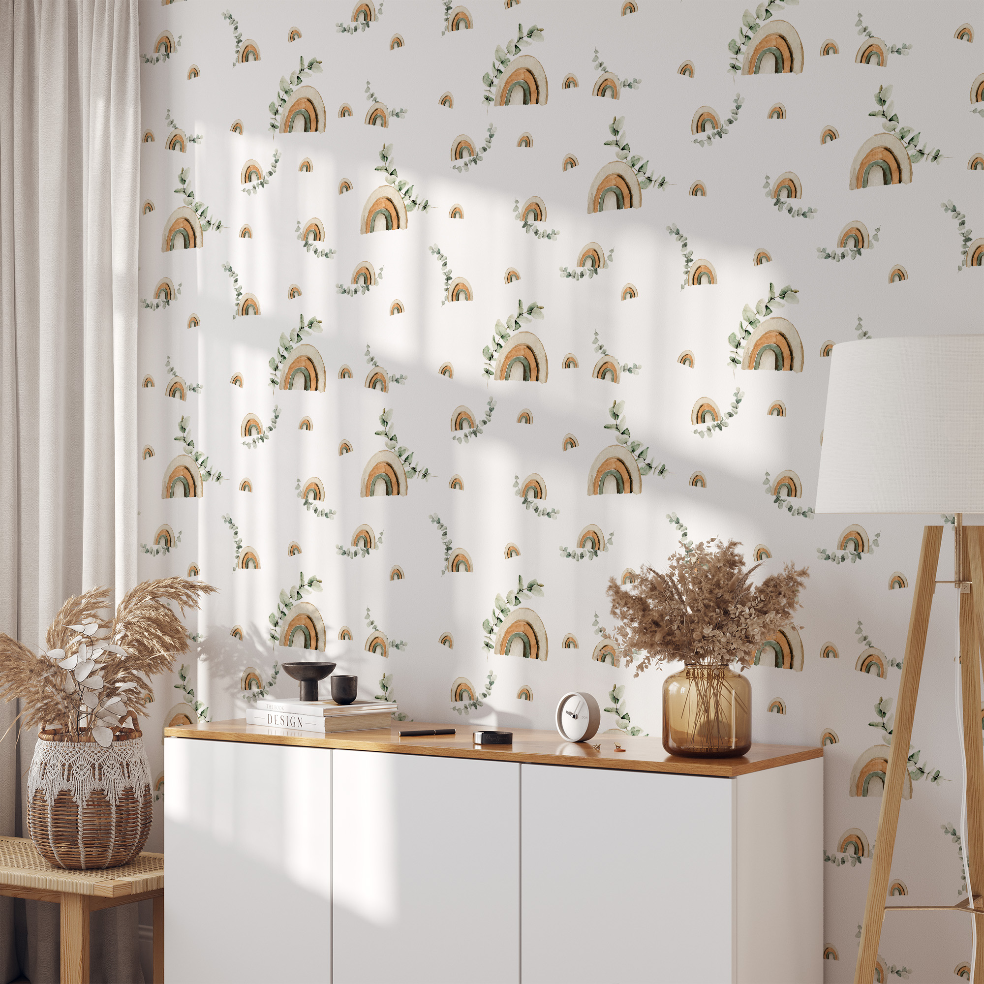 Modern Boho Rainbow and Eucalyptus Leaves Peel and Stick Wallpaper, Neutral Nursery Wall Mural