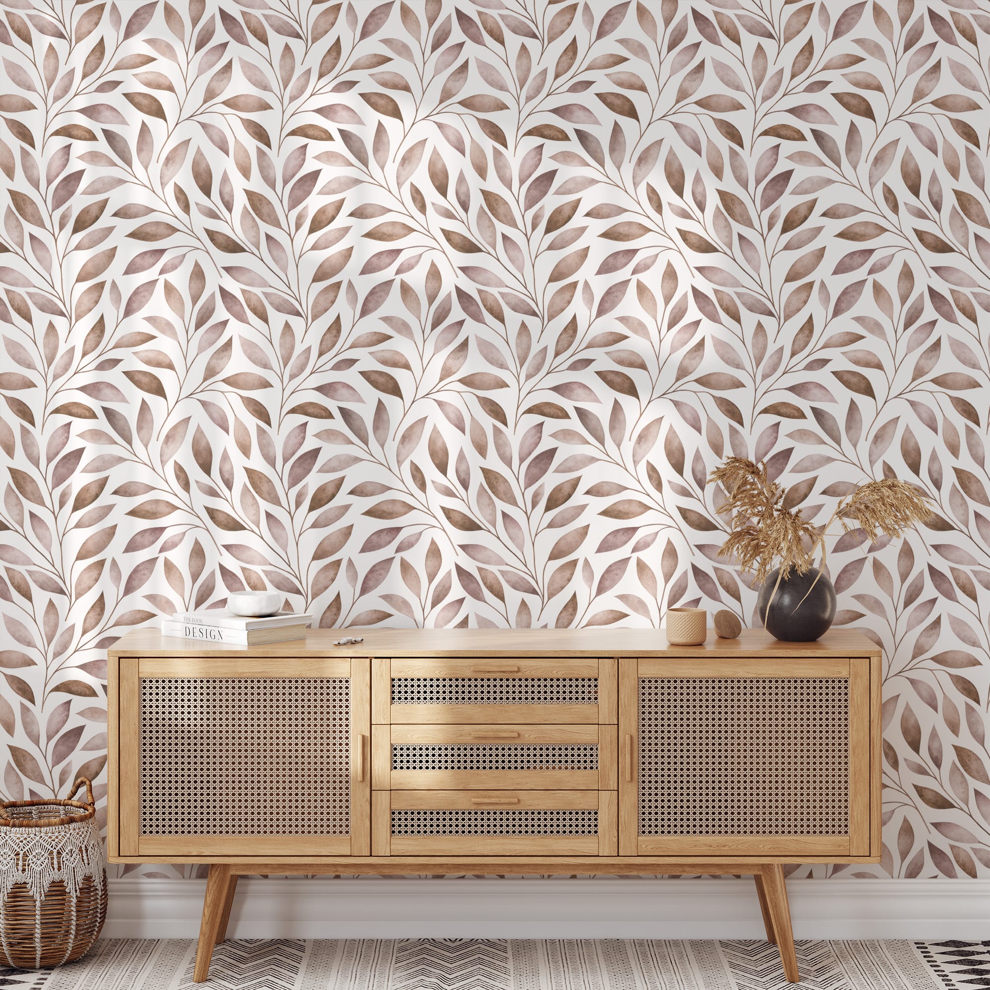 Neutral Watercolor Leaf Botanical Peel and Stick Wallpaper, Earthy Brown and Taupe Nature Wall Mural