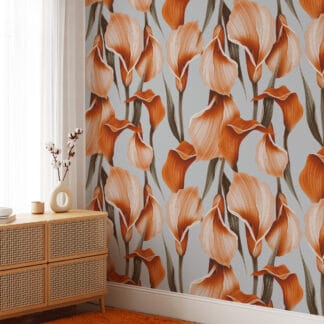 Elegant Orange Calla Lily Floral Peel and Stick Wallpaper, Modern Botanical Kitchen and Dining Room Wall Mural