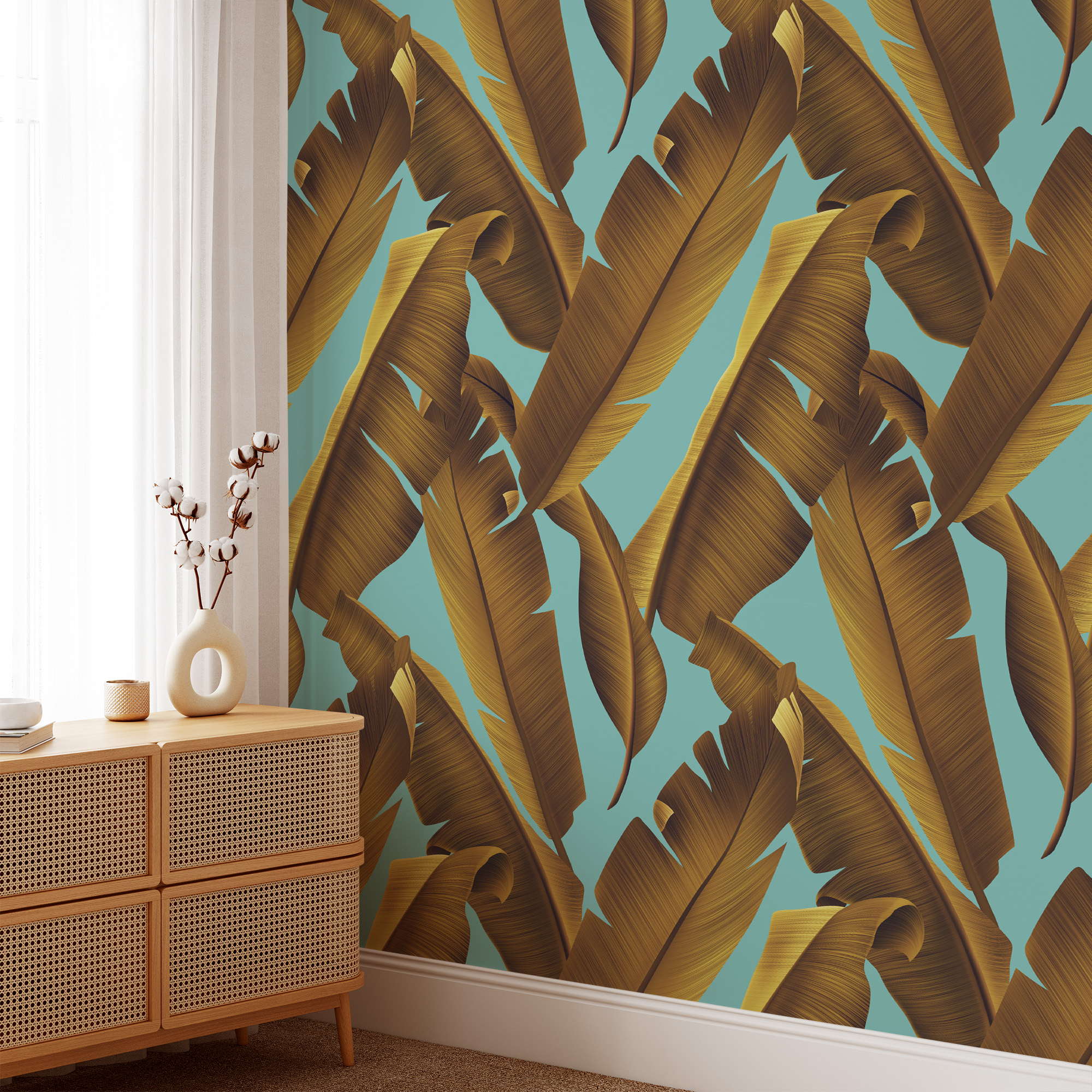 Modern Golden-Brown Banana Leaf Peel and Stick Wallpaper, Bold Teal Tropical Botanical Wall Mural