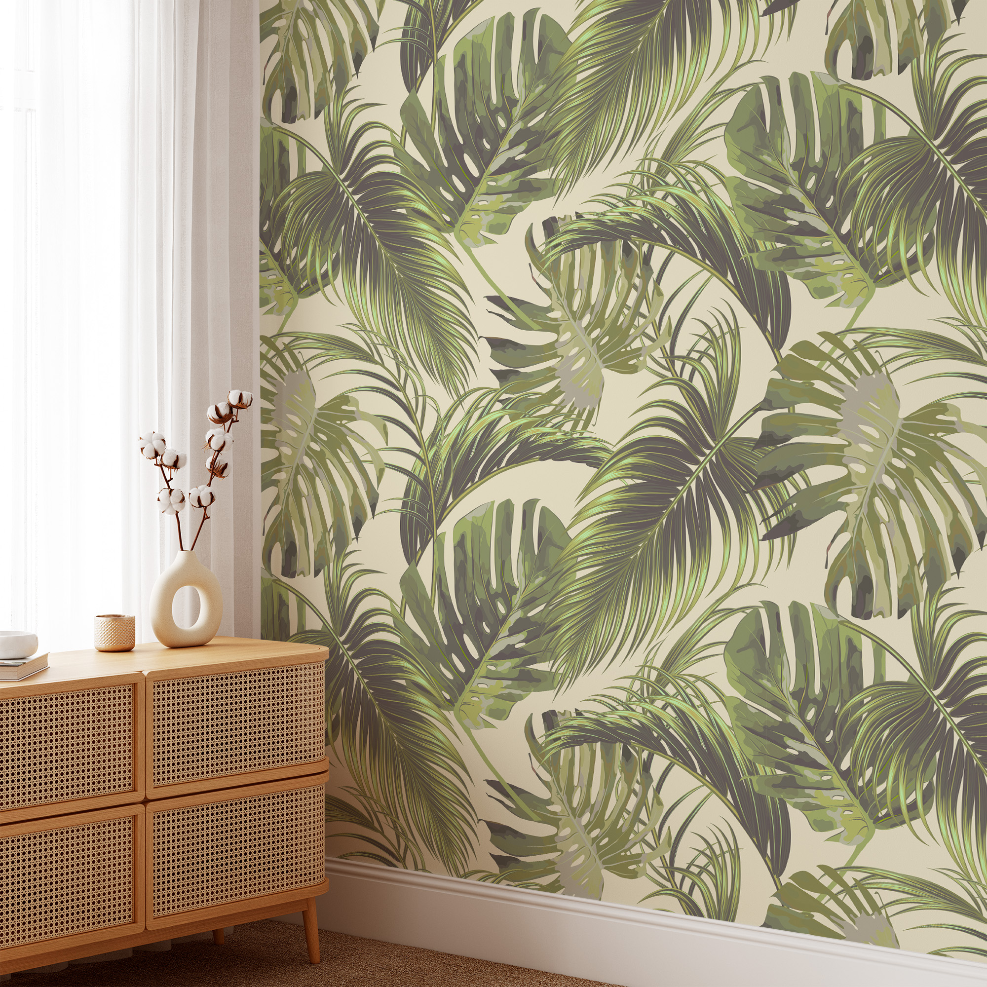 Modern Cream and Green Monstera Palm Leaf Peel and Stick Wallpaper, Large Scale Tropical Botanical Wall Mural