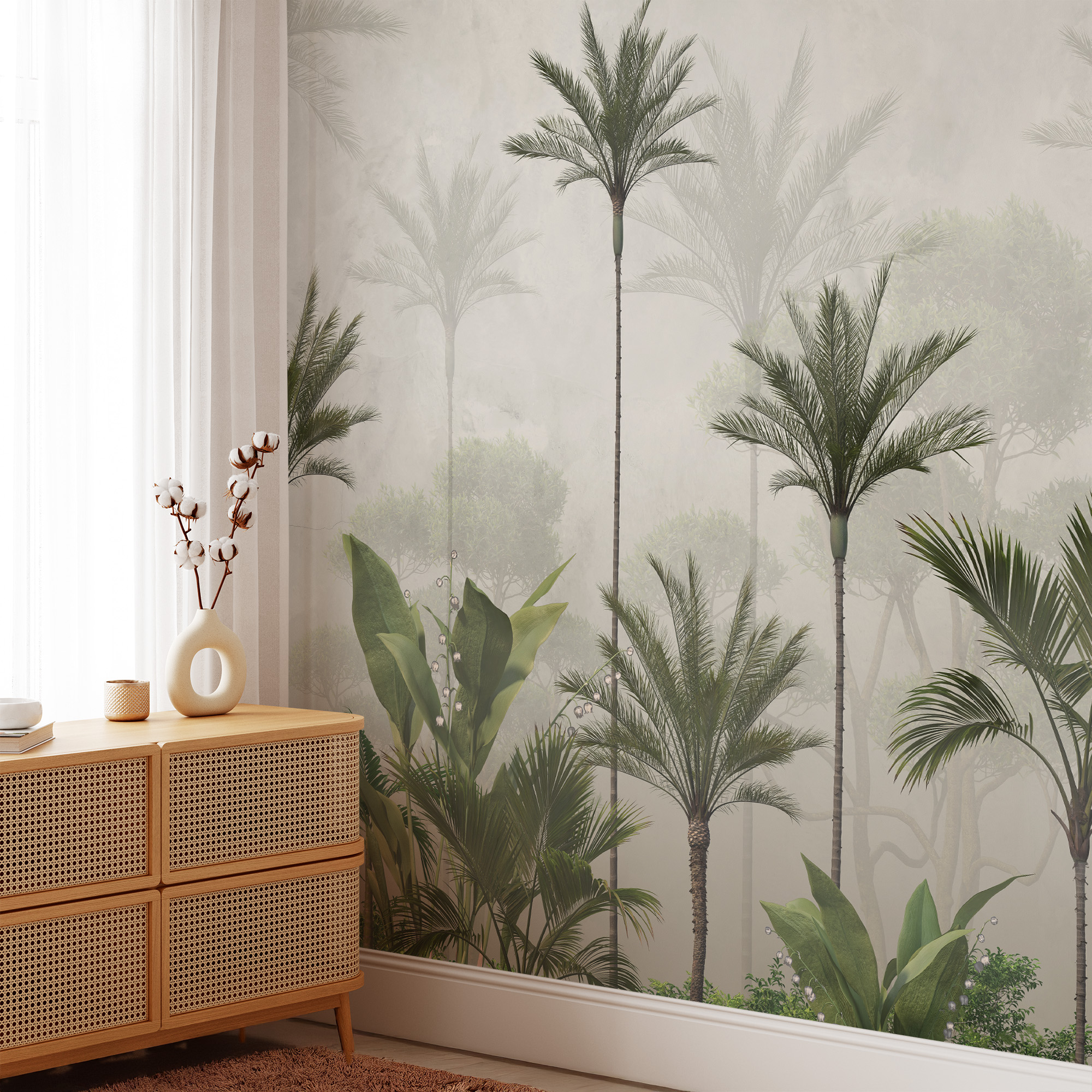 Modern Misty Tropical Palm Tree Peel and Stick Wallpaper, Serene Jungle Nature Bathroom Wall Mural