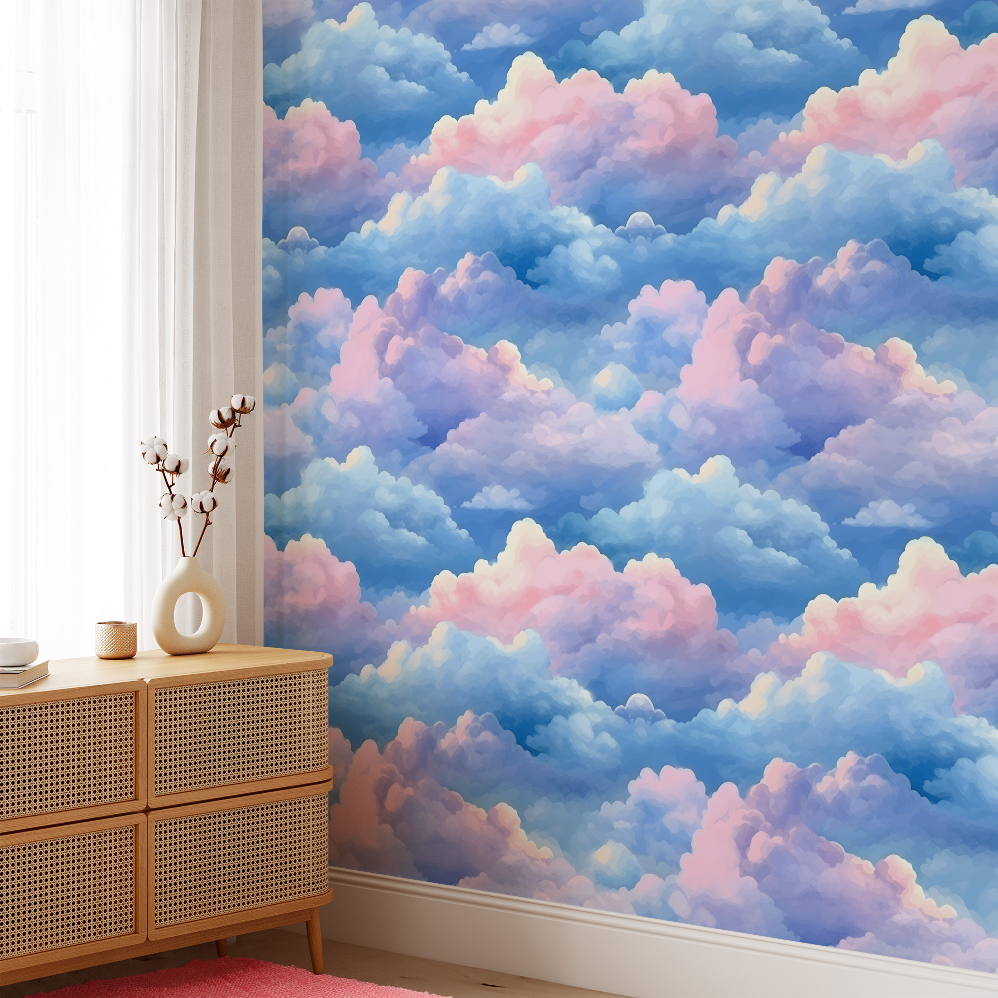 Modern Watercolor Pink and Blue Cloud Peel and Stick Wallpaper, Whimsical Dreamy Sky Wall Mural