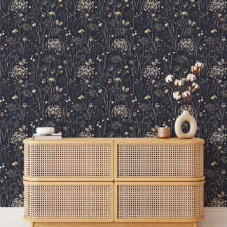 Navy Blue Vintage Botanical Wildflower Sketch Peel and Stick Wallpaper, Moody Meadow Line Art Wall Mural, Elegant Nature Decor