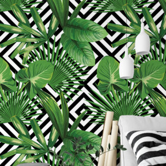 Modern Tropical Green Leaves and Geometric Diamond Peel and Stick Wallpaper, Bold Botanical Wall Mural