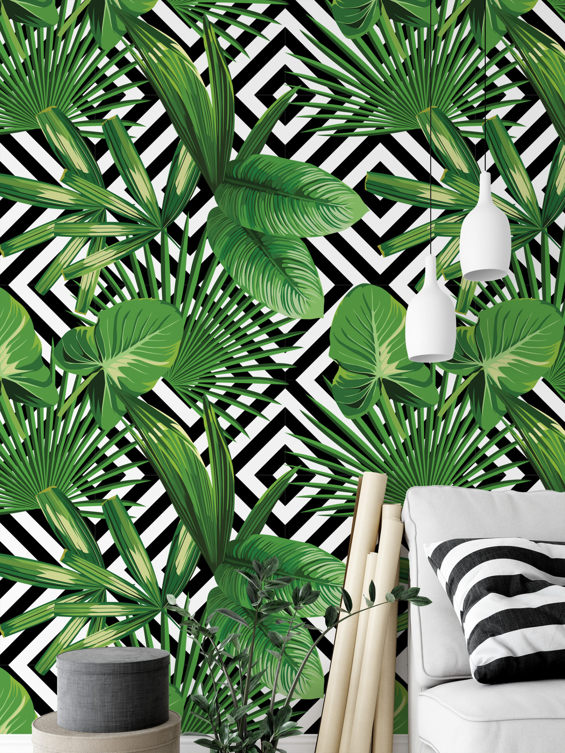 Modern Tropical Green Leaves and Geometric Diamond Peel and Stick Wallpaper, Bold Botanical Wall Mural