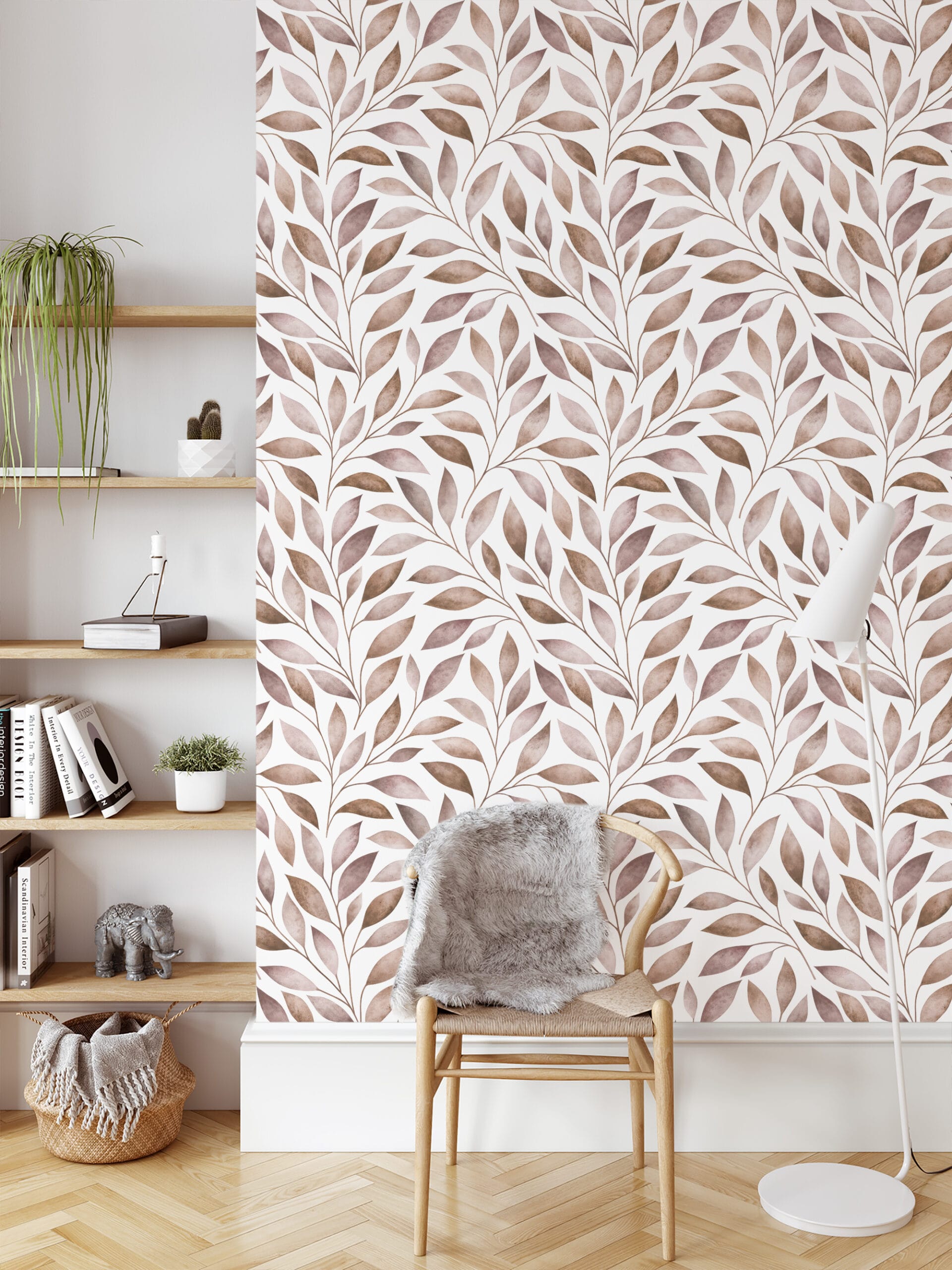 Neutral Watercolor Leaf Botanical Peel and Stick Wallpaper, Earthy Brown and Taupe Nature Wall Mural