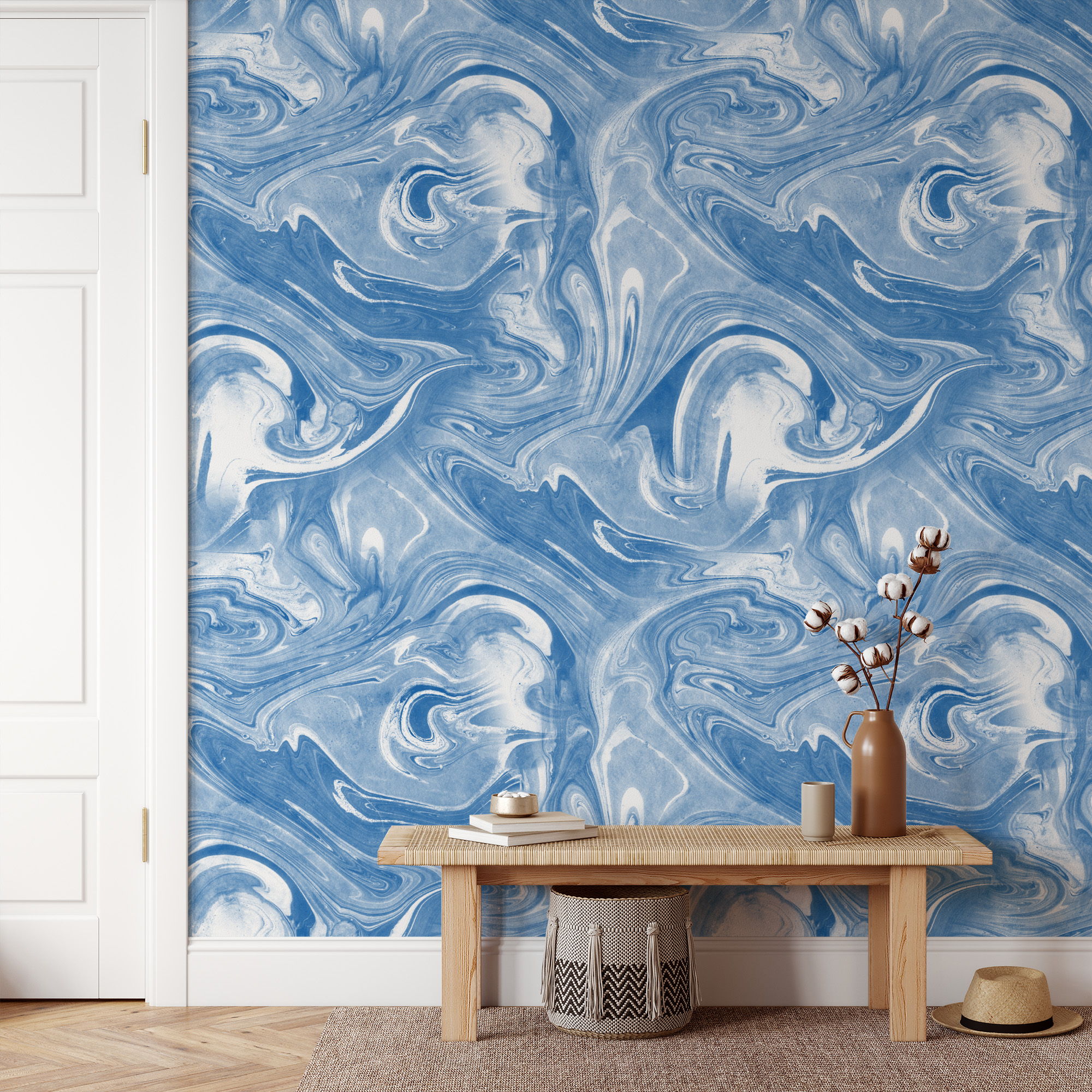 Azure Blue and White Fluid Marble Ink Peel and Stick Wallpaper, Suminagashi Style Wall Mural, Modern Artistic Interior