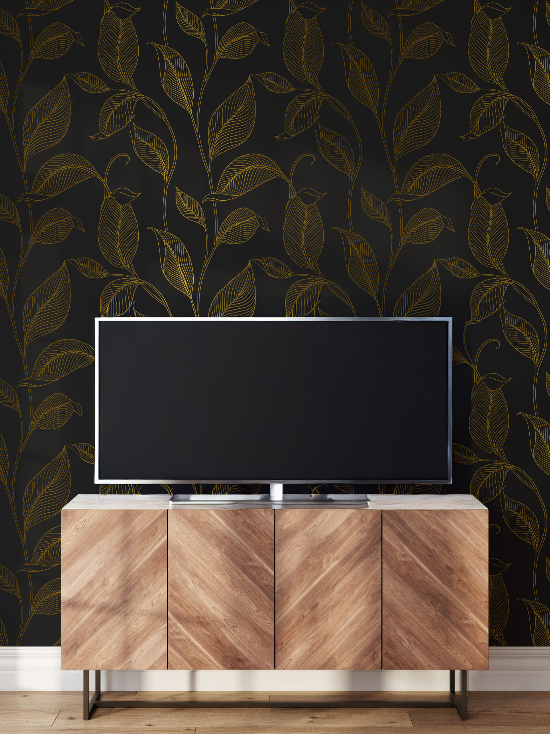 Luxury Black and Gold Botanical Leaf Line Art Peel and Stick Wallpaper, Modern Nature Living Room Wall Mural